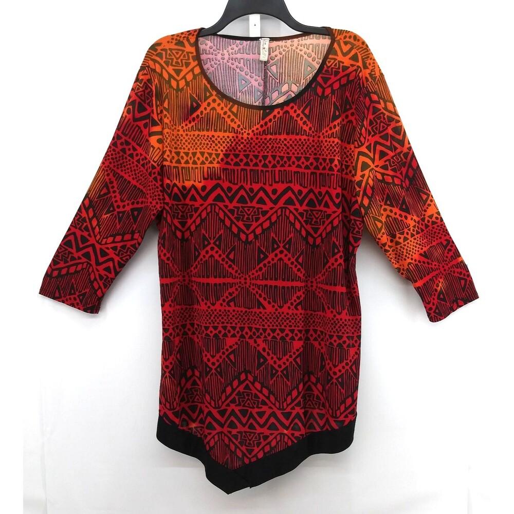 Divine Doll Blouse Women Size 2XL Fire Orange Red 3/4 Sleeve Scoop Neck Tunic